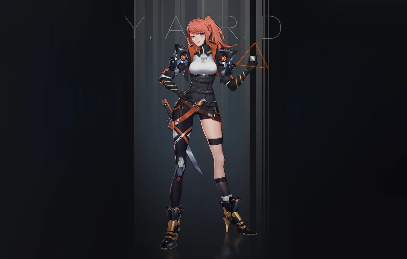 Photo wallpaper red, girl, art, Future, Minimalism, dagger, Swordman, Feminine swordman3