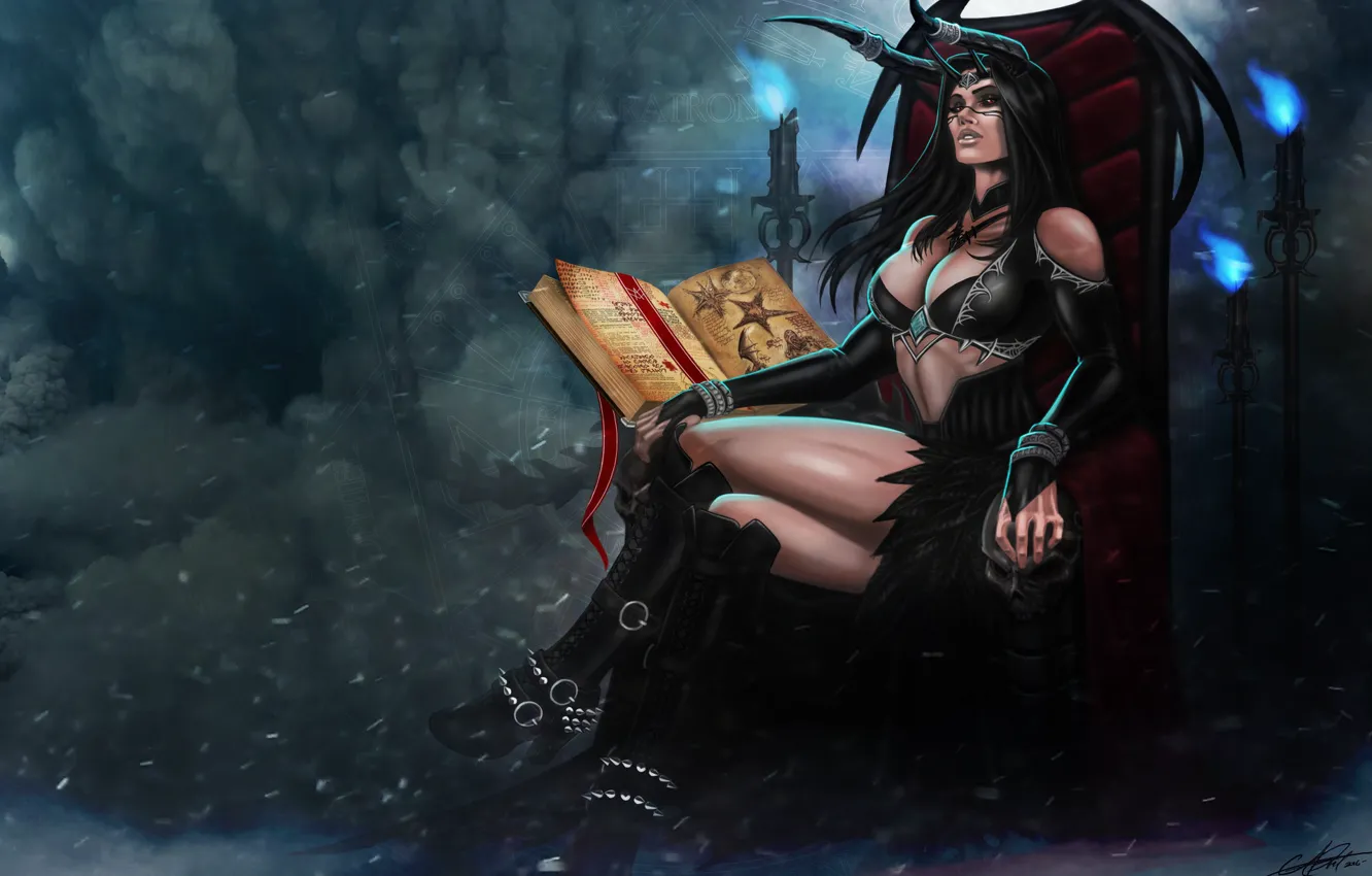 Photo wallpaper Girl, Book, Girl, Darkness, Horns, Dragon, Art, Beautiful