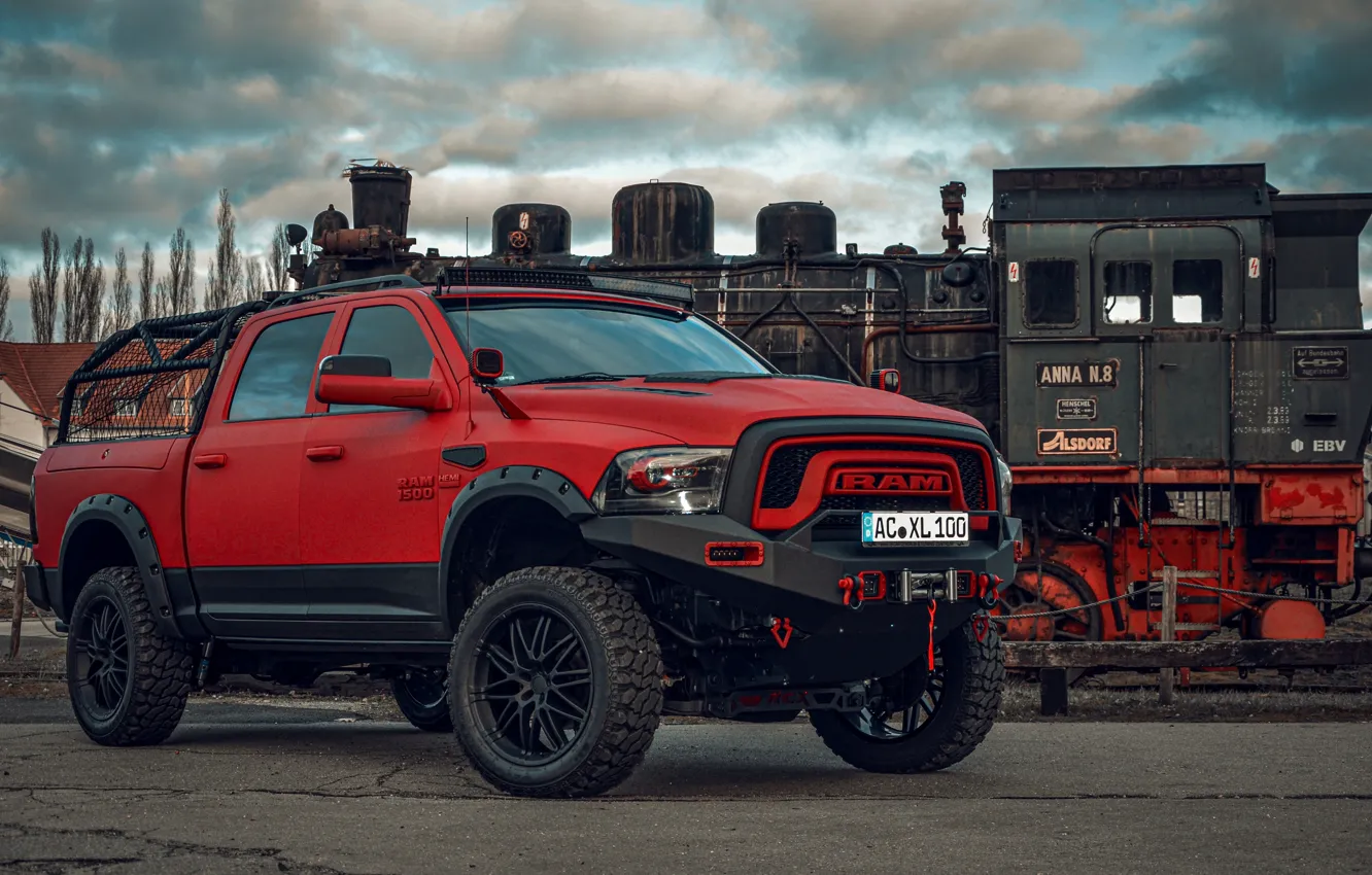 Photo wallpaper red, Dodge, pickup, 1500, Ram, Crew Cab, Limited, air suspension