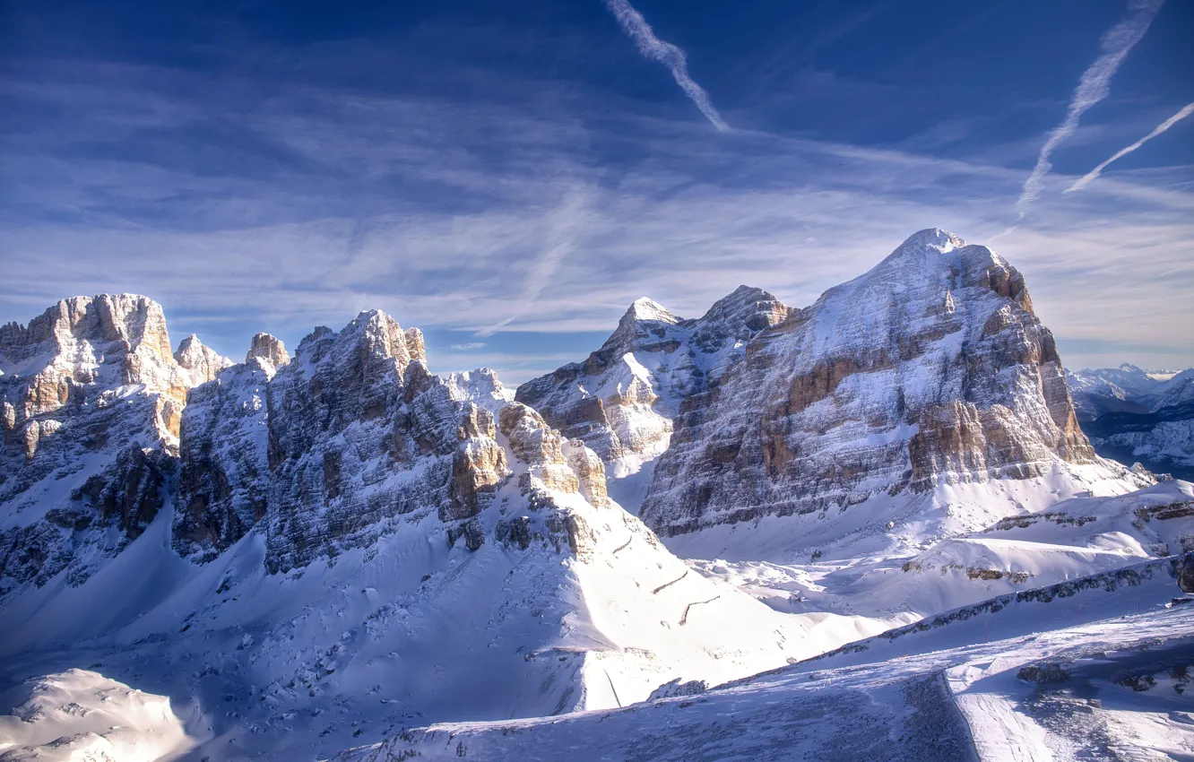 Photo wallpaper snow, mountains, tops, Italy, The Dolomites