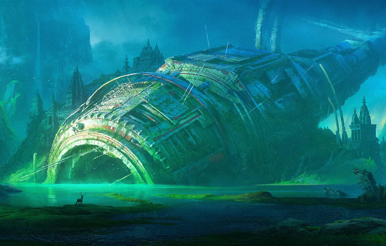 Photo wallpaper fiction, deer, ruins, details