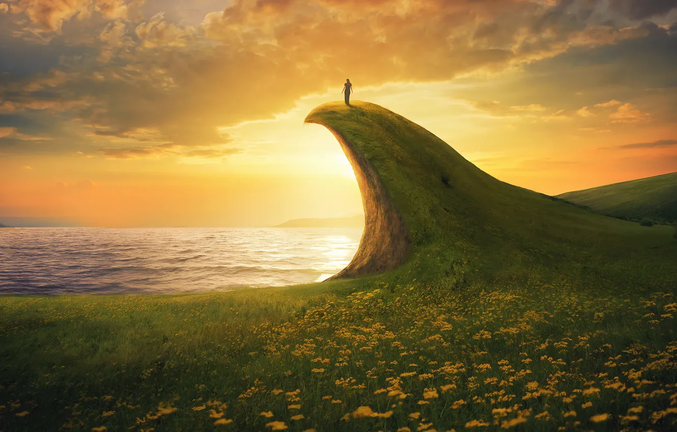 Photo wallpaper sea, summer, the sky, girl, the sun, clouds, flowers, nature