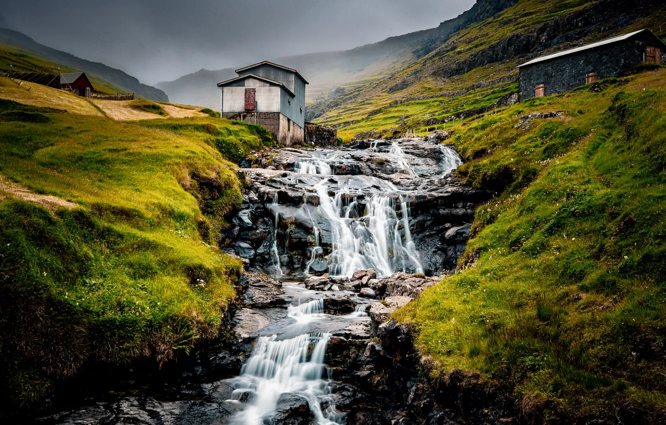 Photo wallpaper mountains, overcast, hills, waterfall, house