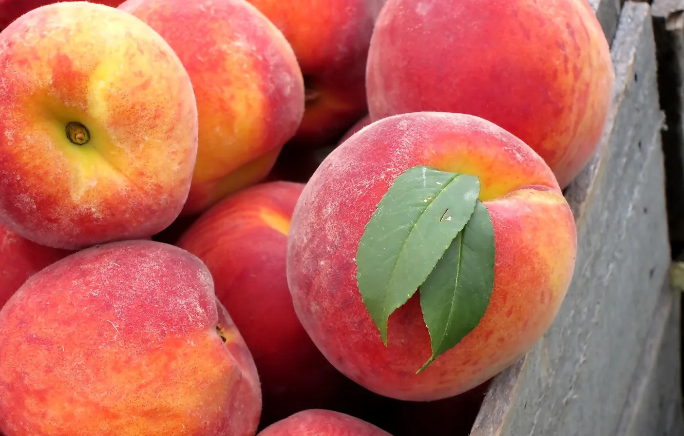 Photo wallpaper fruit, box, peaches