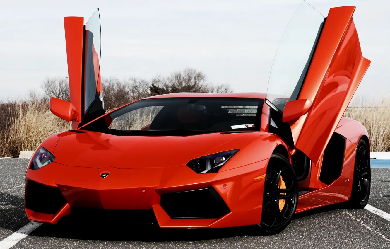 Photo wallpaper orange, Lamborghini, door, supercar, the front, Lamborghini, LP700-4, Aventador
