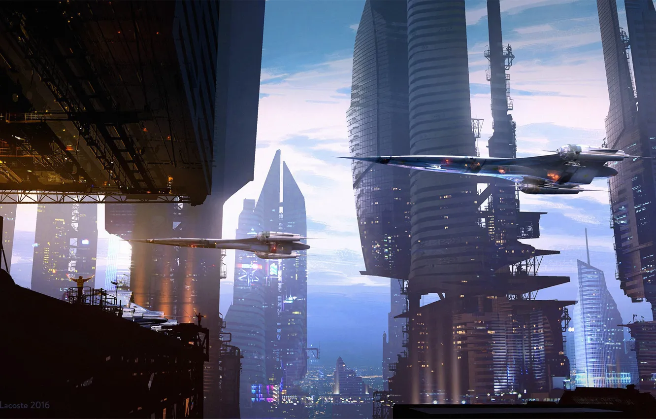 Photo wallpaper construction, Raphael Lacoste, flying machines, Landing Scene