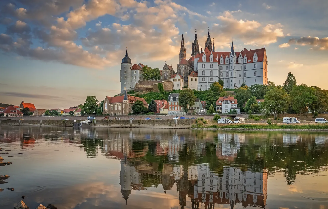 Photo wallpaper reflection, river, castle, building, home, Germany, promenade, Germany