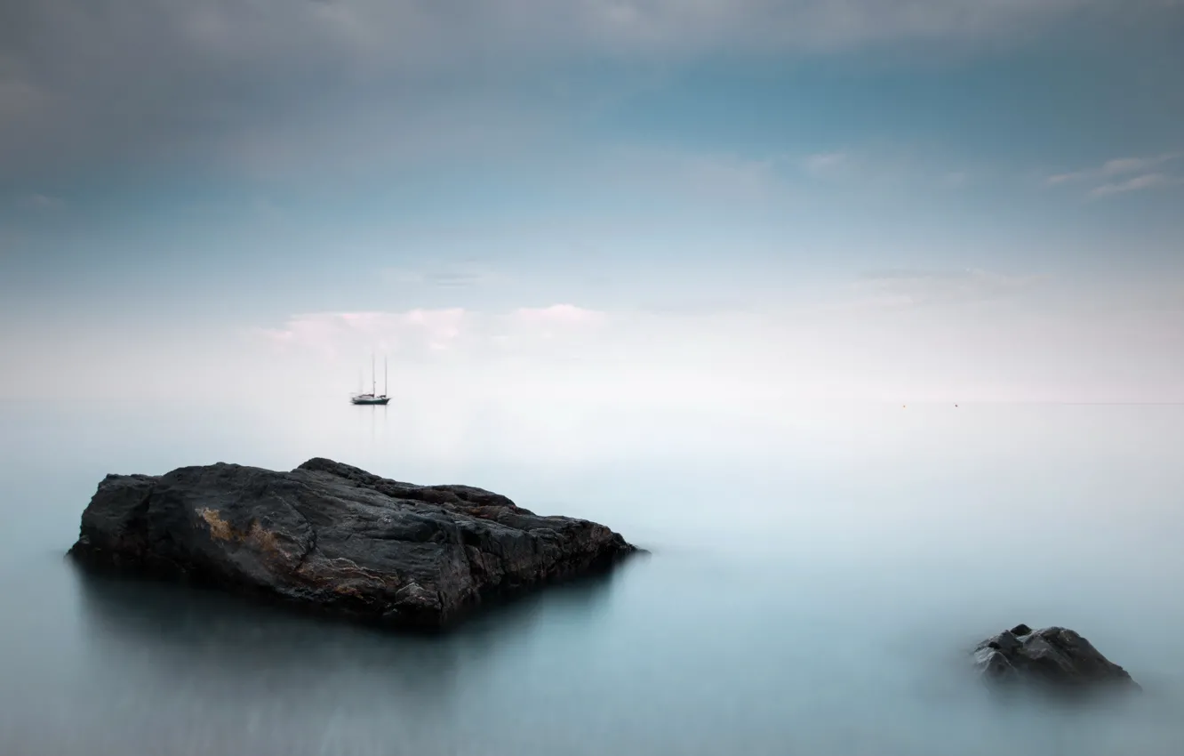 Photo wallpaper sea, landscape, fog, ship
