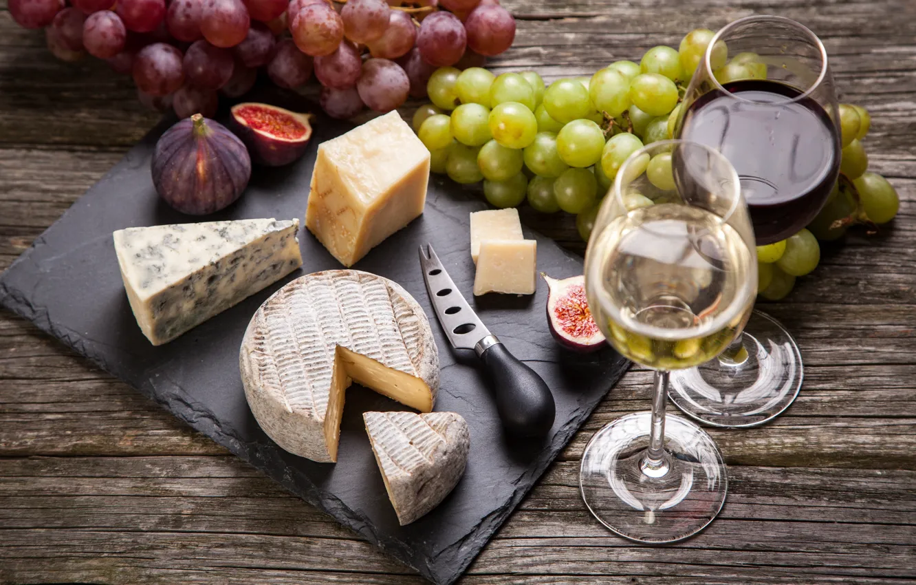 Photo wallpaper wine, cheese, glasses, grapes, knife, bokeh, figs