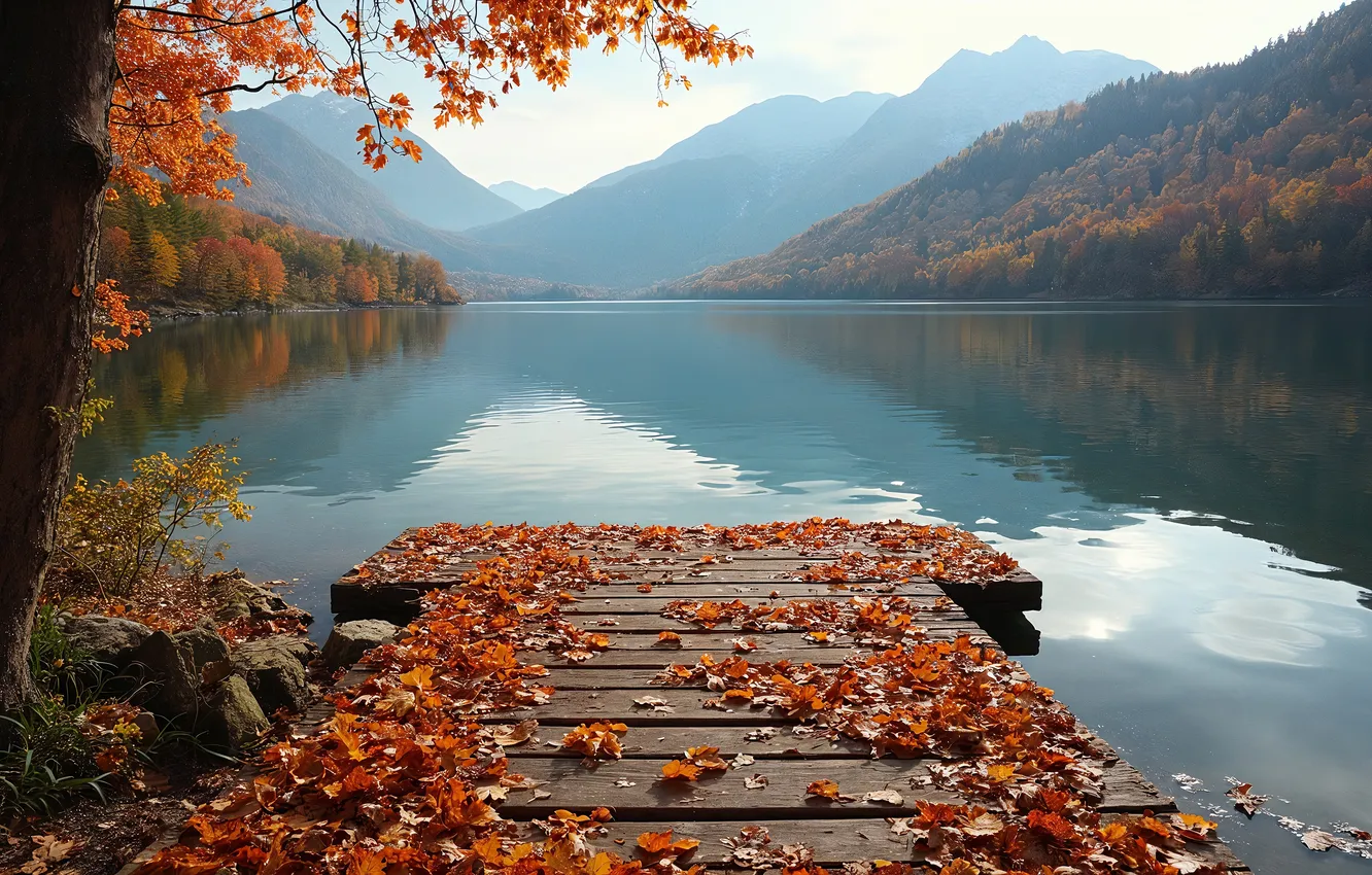 Photo wallpaper autumn, forest, the sky, clouds, trees, mountains, branches, fog