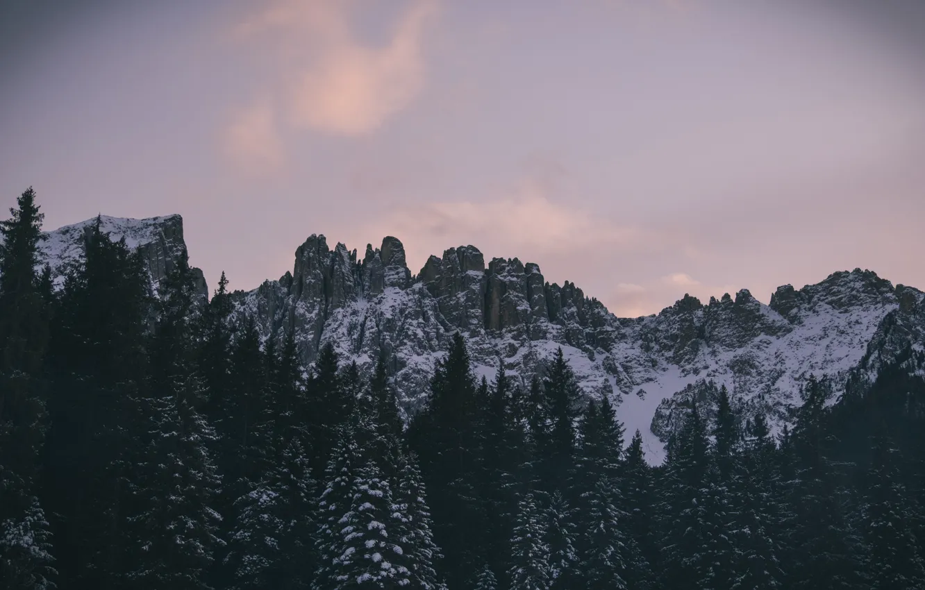 Photo wallpaper winter, the sky, clouds, snow, trees, mountains, nature, rocks