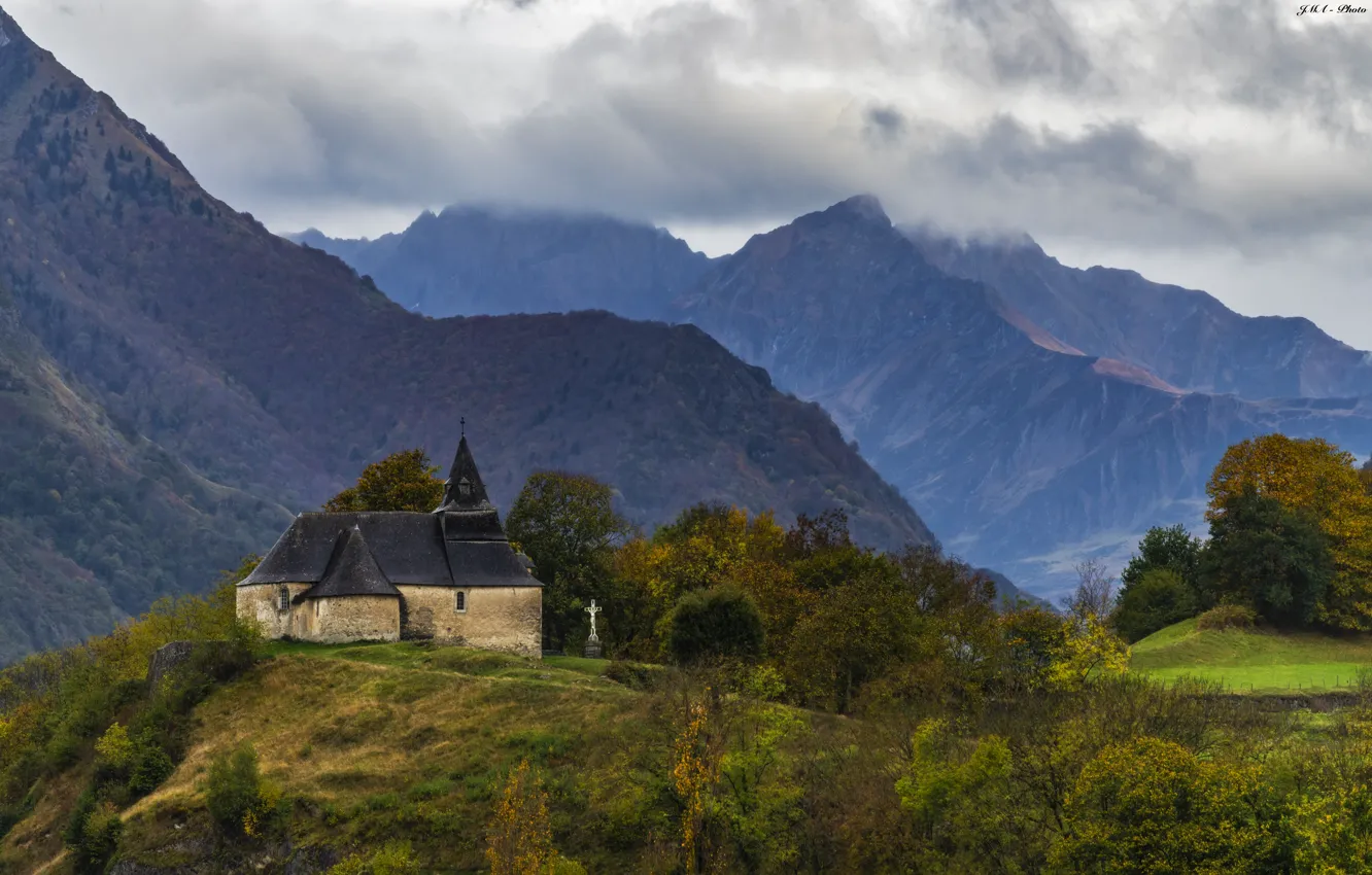 Photo wallpaper autumn, forest, clouds, trees, mountains, fog, height, home