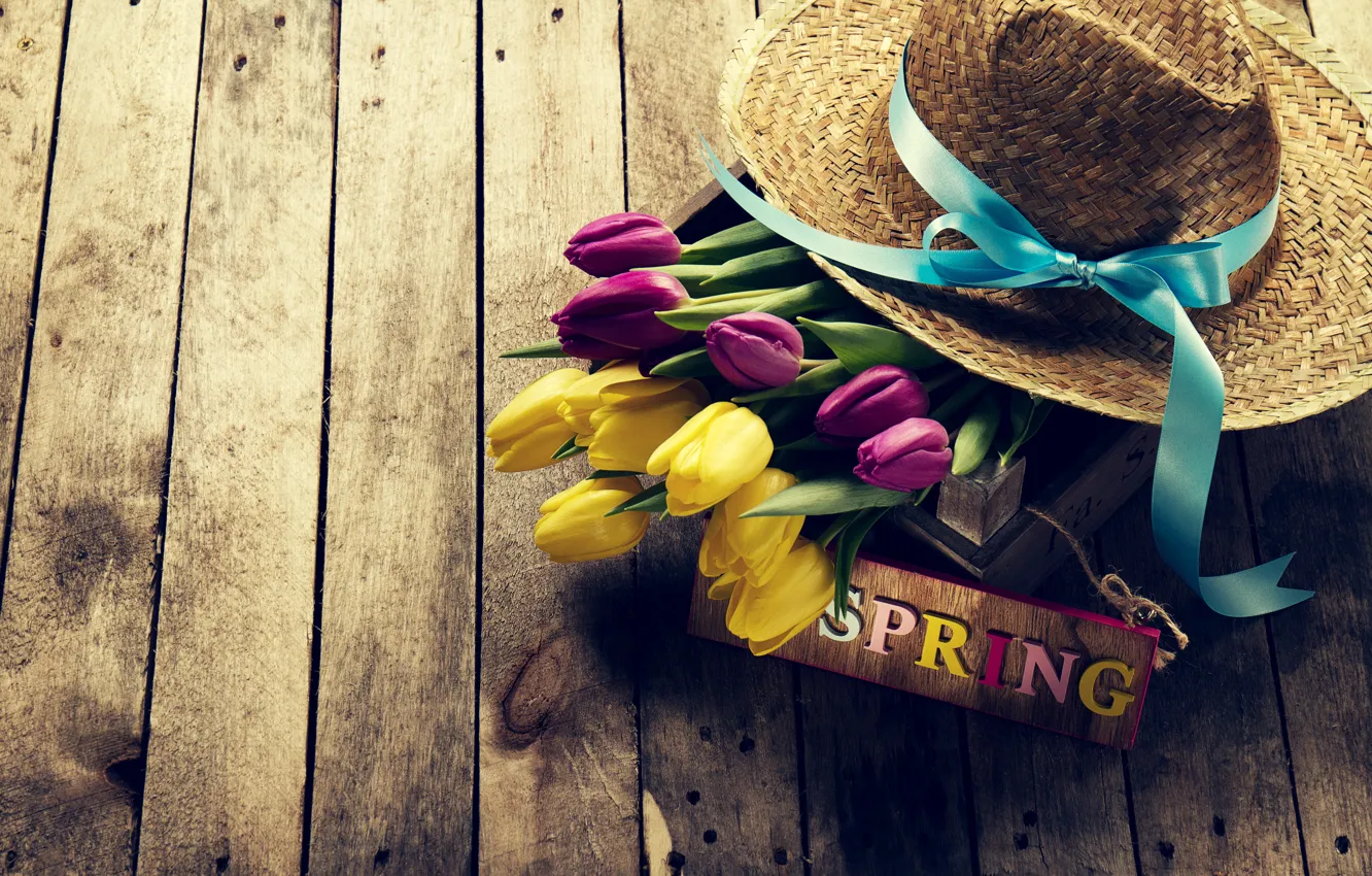Photo wallpaper flowers, spring, hat, yellow, colorful, tulips, yellow, wood