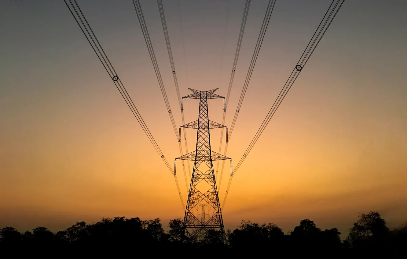Photo wallpaper sunset, wire, support, glow