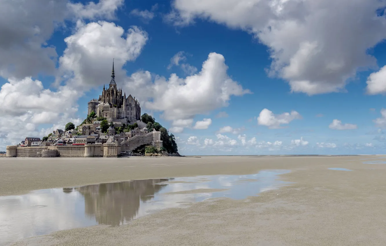 Photo wallpaper clouds, reflection, castle, France, tide, the monastery, Normandy, Mont-Saint-Michel