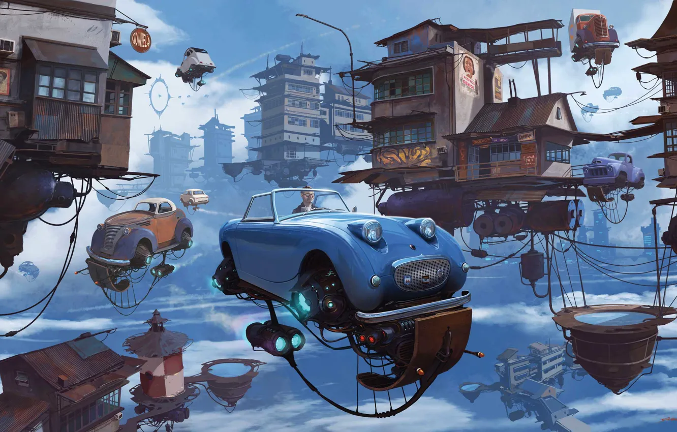 Photo wallpaper machine, auto, the sky, city, the city, fiction, the world, figure