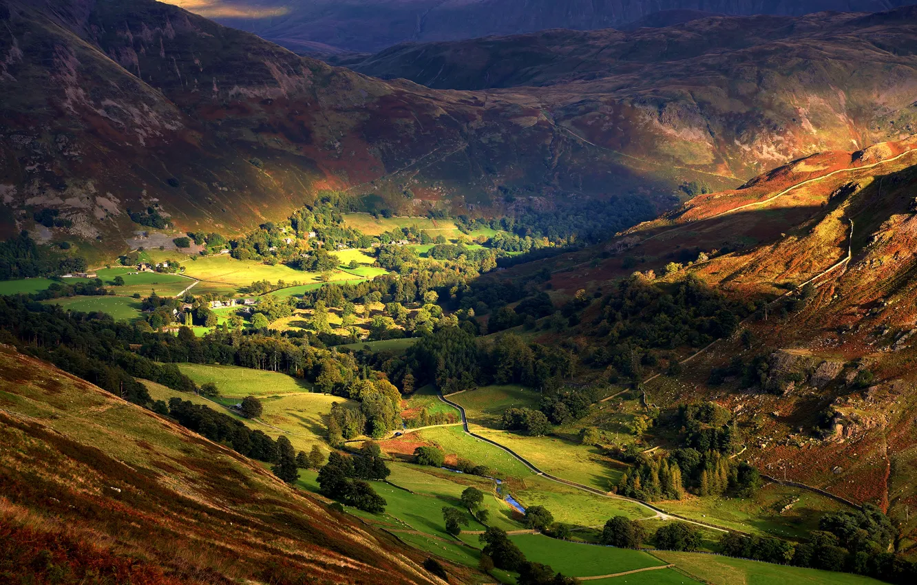 Photo wallpaper autumn, light, trees, hills, the slopes, England, valley, village