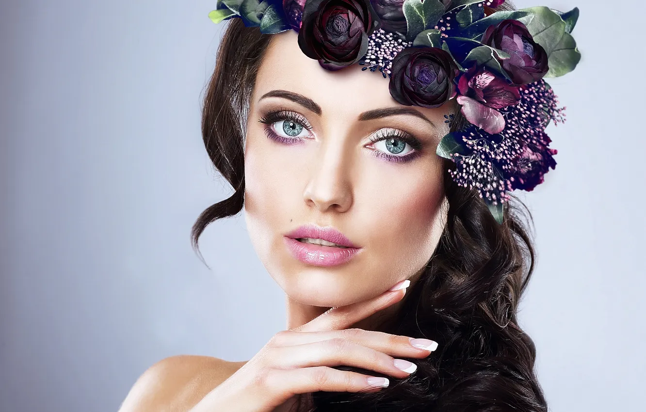 Photo wallpaper look, girl, flowers, background, model, hair, makeup, shoulders
