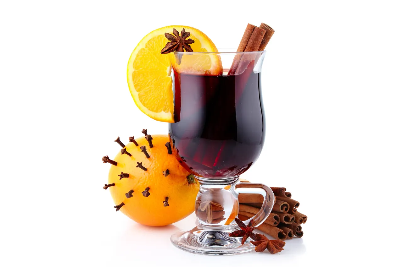 Photo wallpaper glass, orange, citrus, drink, fruit, cinnamon, spices, clove
