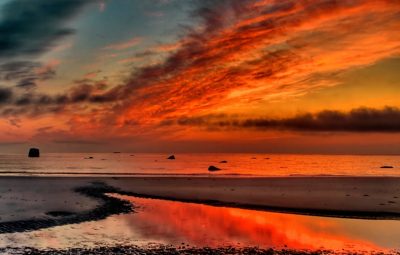 Photo wallpaper sea, the sky, clouds, shore, tide, glow