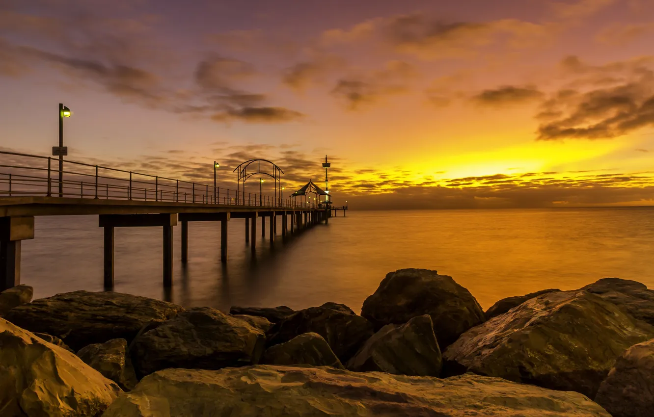 Photo wallpaper beach, clouds, reflection, stones, shadow, mirror, pierce, sunrise