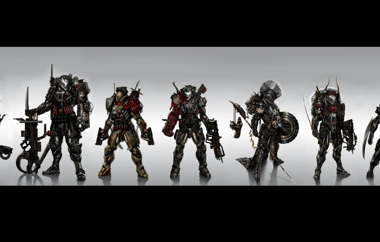 Photo wallpaper fiction, soldiers, armor, swords, the exoskeleton