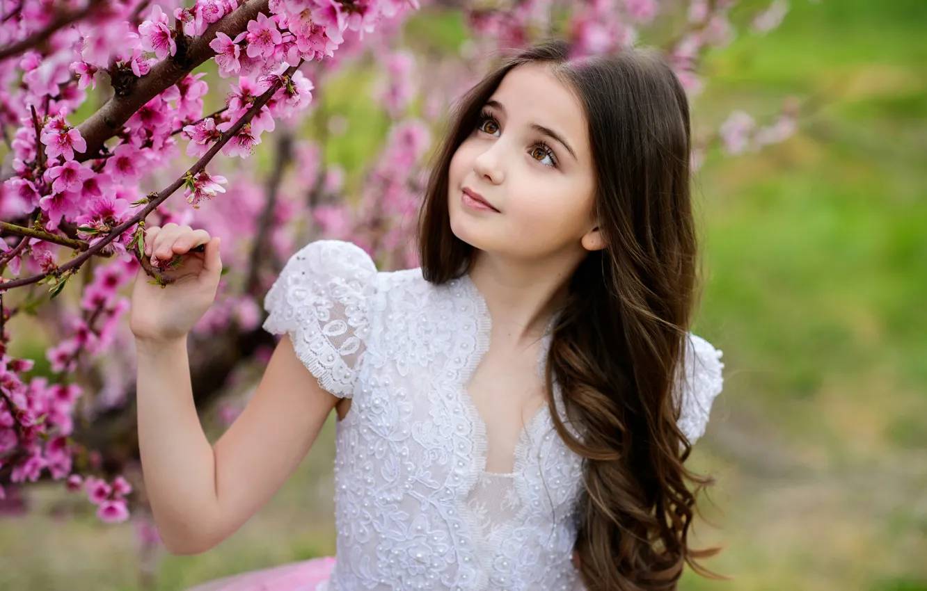 Photo wallpaper look, hair, spring, girl, beautiful, flowering