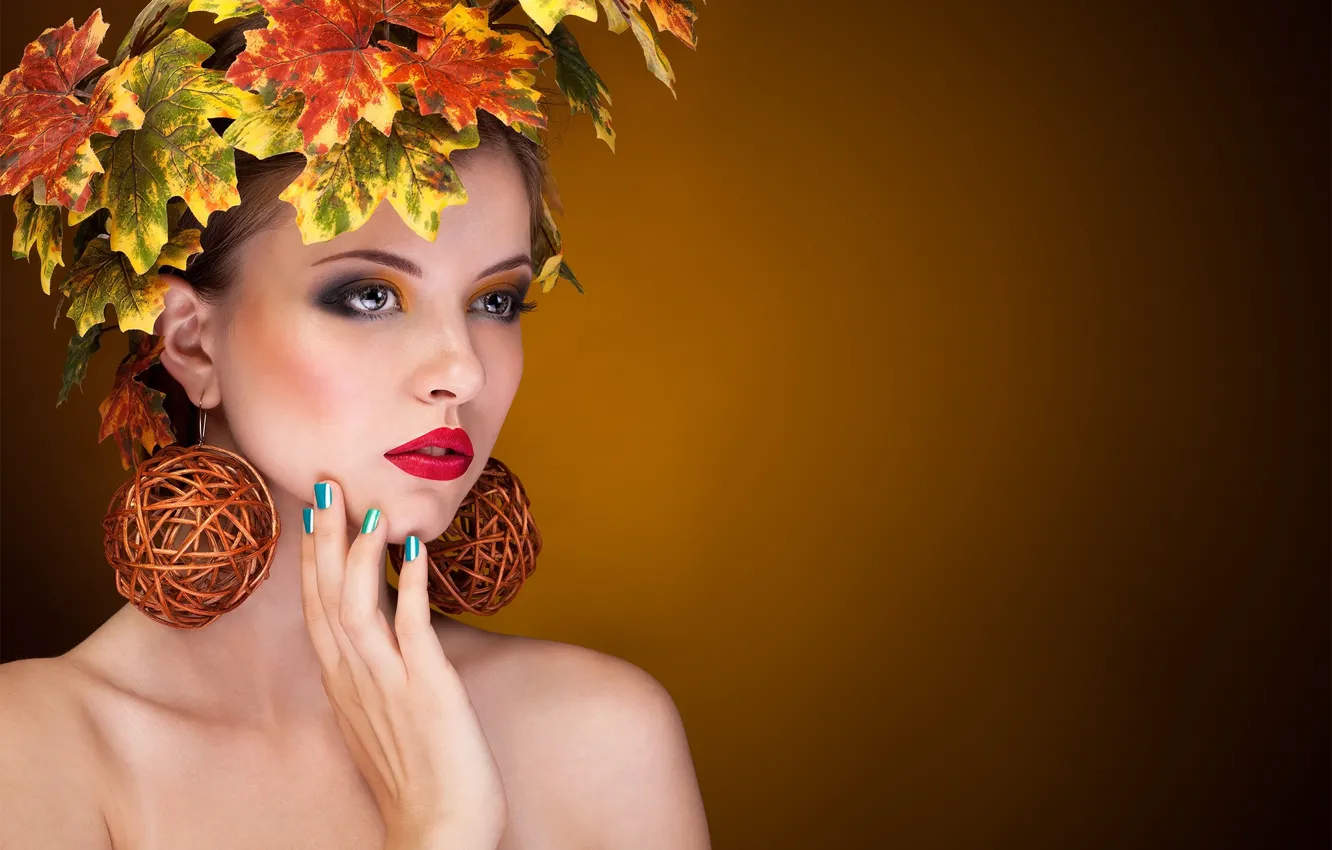 Photo wallpaper autumn, leaves, girl, earrings, makeup, brown hair, maple, shoulders
