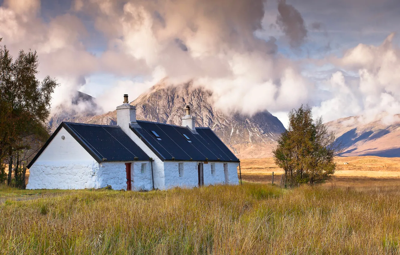 Photo wallpaper field, clouds, trees, mountains, house, hut