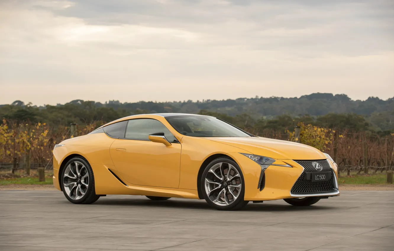 Photo wallpaper road, car, machine, trees, yellow, Lexus, car, road