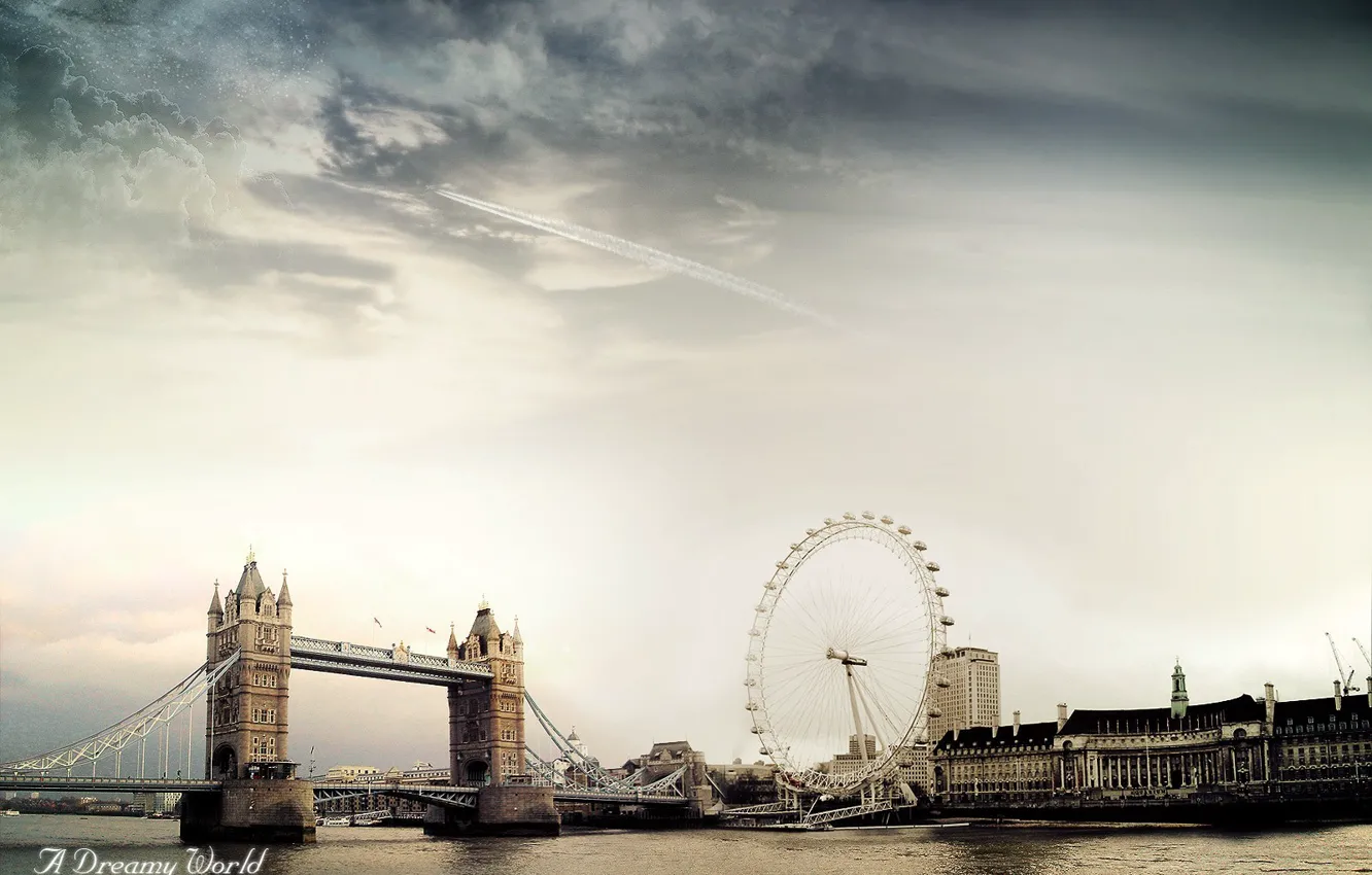Photo wallpaper clouds, bridge, London, Dreamy World