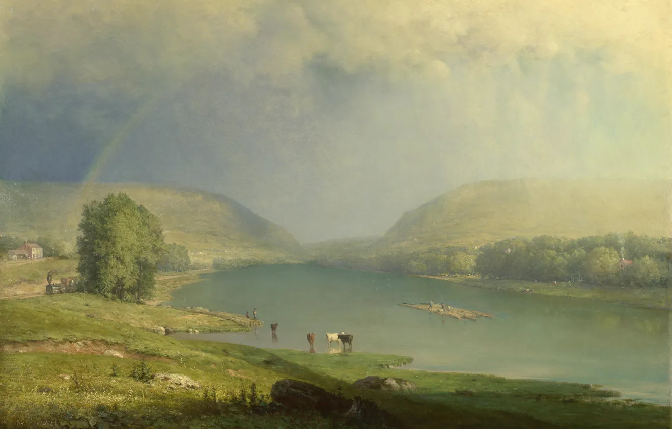 Photo wallpaper landscape, mountains, river, rainbow, picture, George Inness, The Delaware Water Gap, George Inness