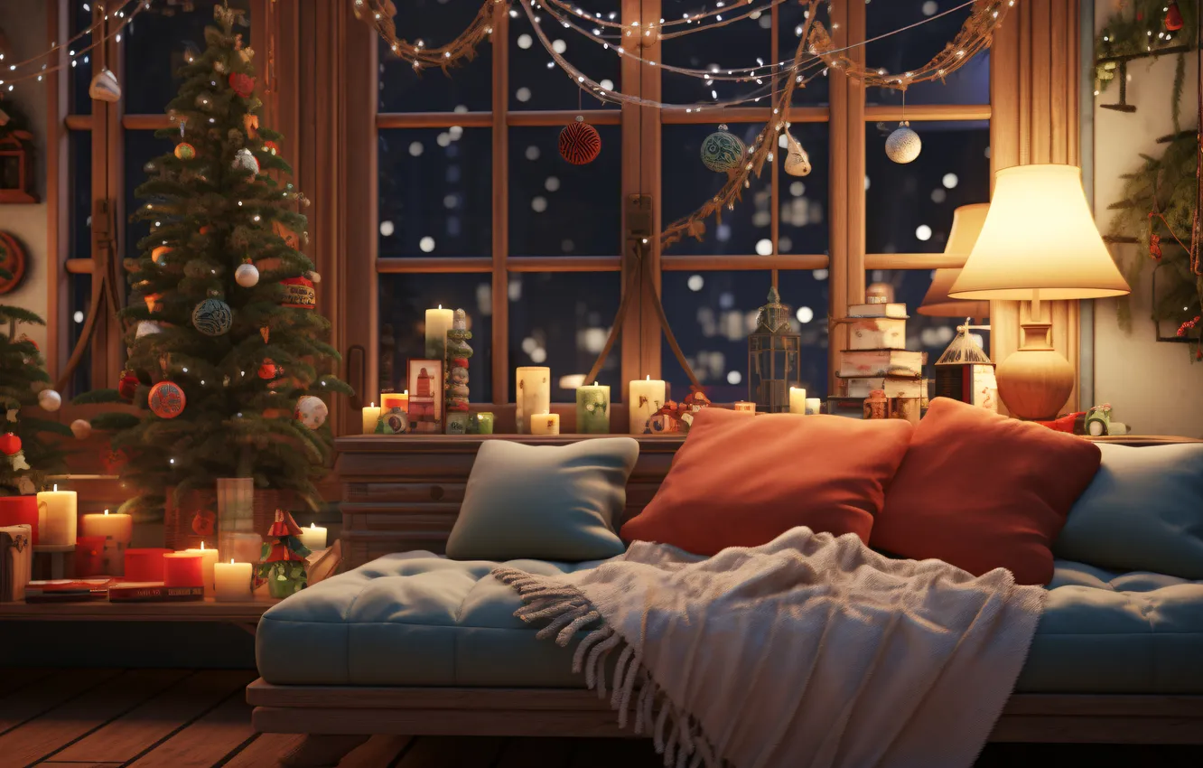 Photo wallpaper balls, light, night, comfort, room, sofa, lamp, new year