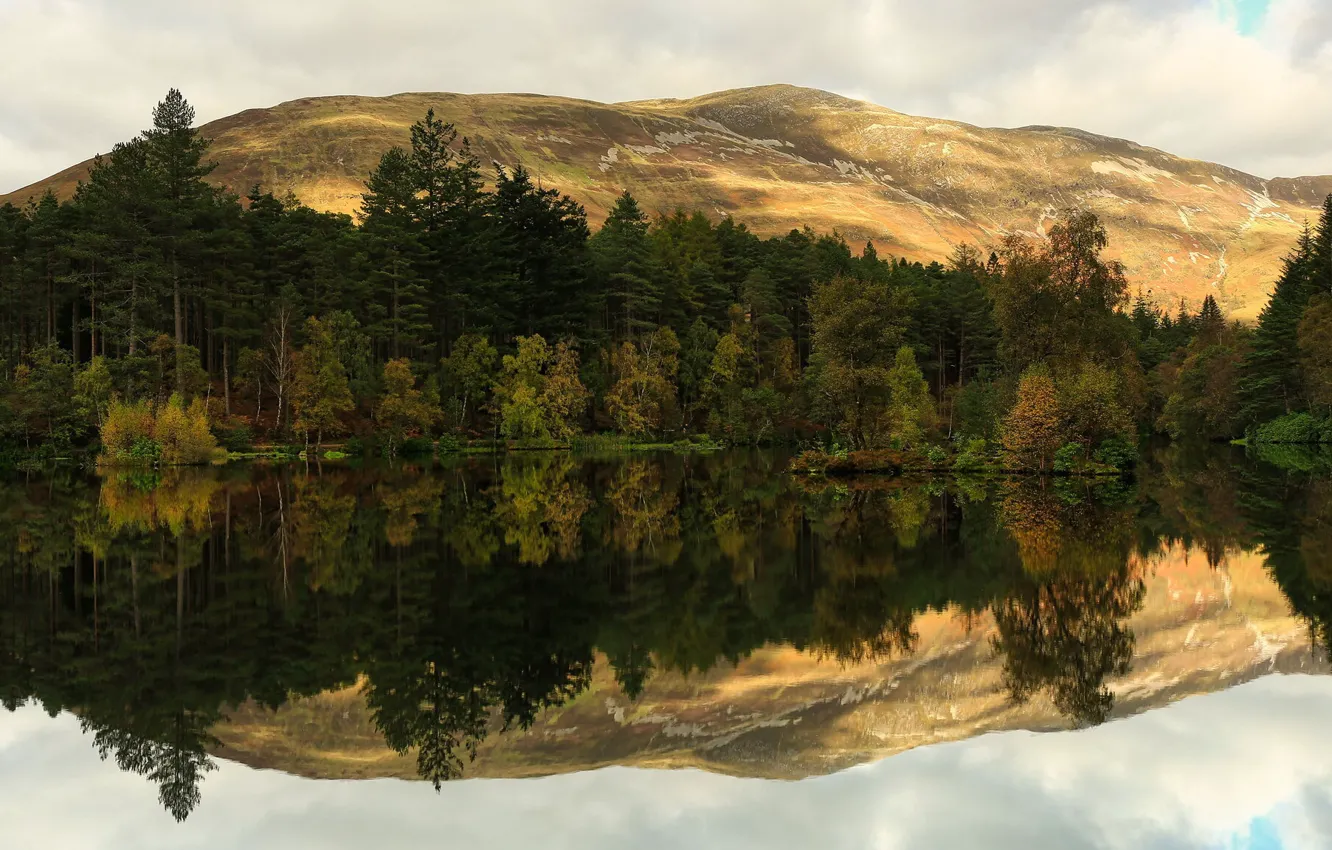 Photo wallpaper autumn, forest, clouds, light, mountains, lake, reflection, hills