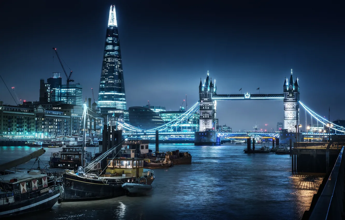 Photo wallpaper city, tower, river, bridge, London, Thames, Nigth, Shard
