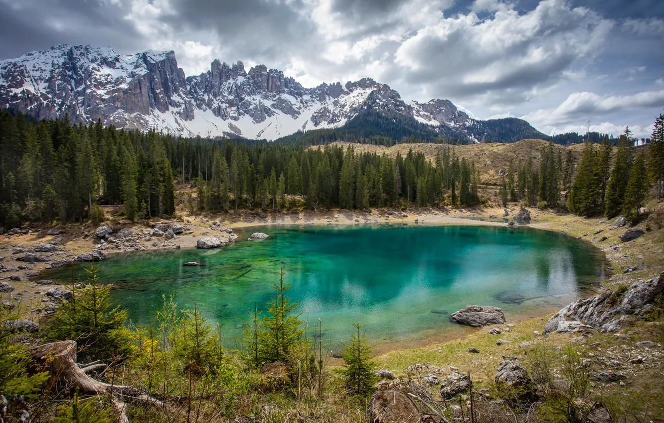 Photo wallpaper mountains, snow, Water Mirror, blue-green