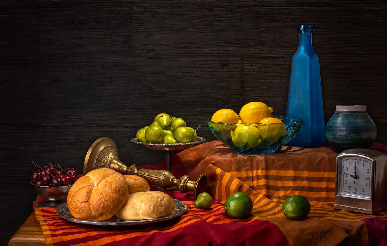Photo wallpaper cherry, lemon, watch, bottle, bread, lime, still life, pear