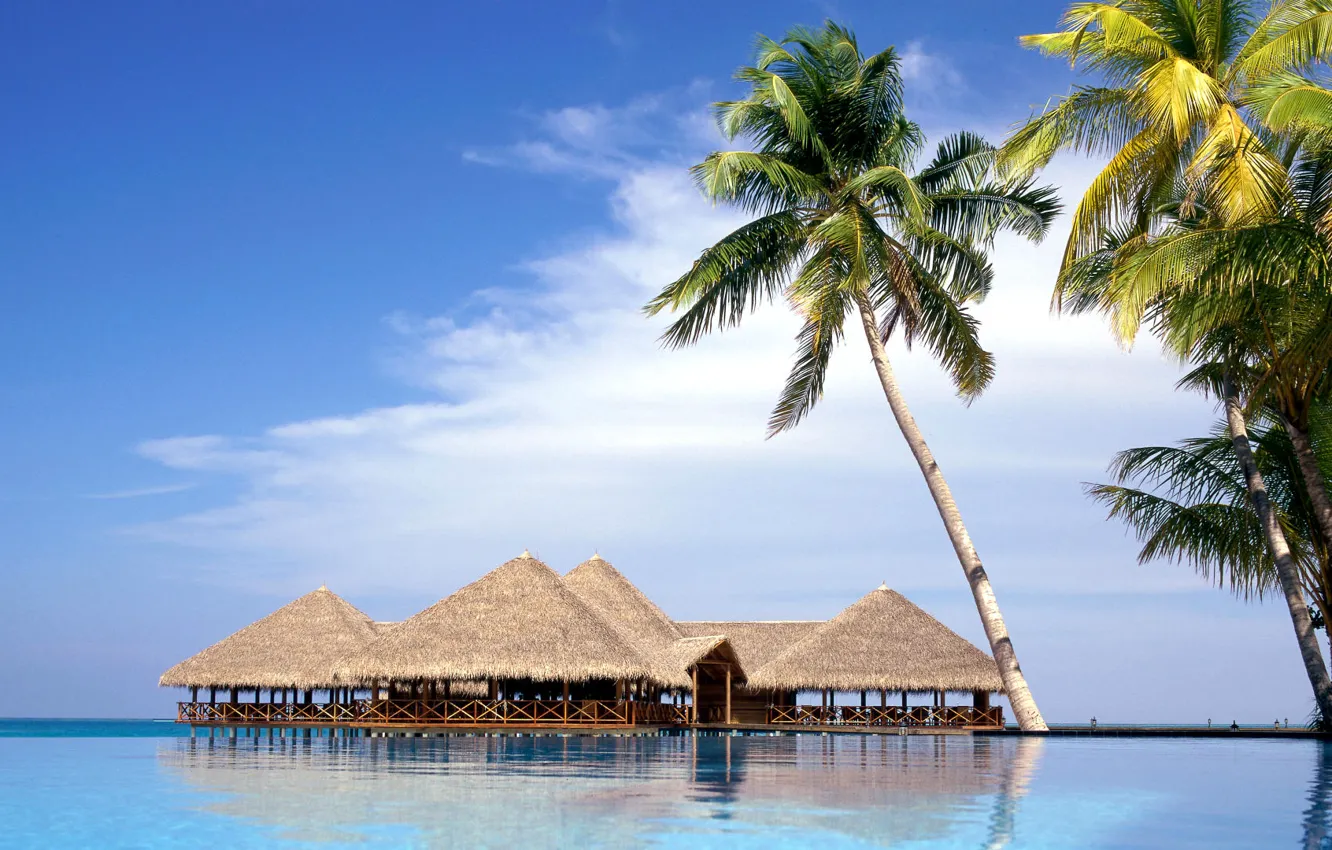 Photo wallpaper sea, the sky, tropics, palm trees, Bungalow