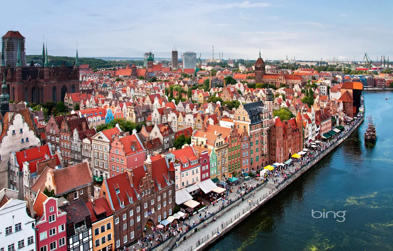 Photo wallpaper the sky, water, landscape, river, ship, home, Europe, Cathedral