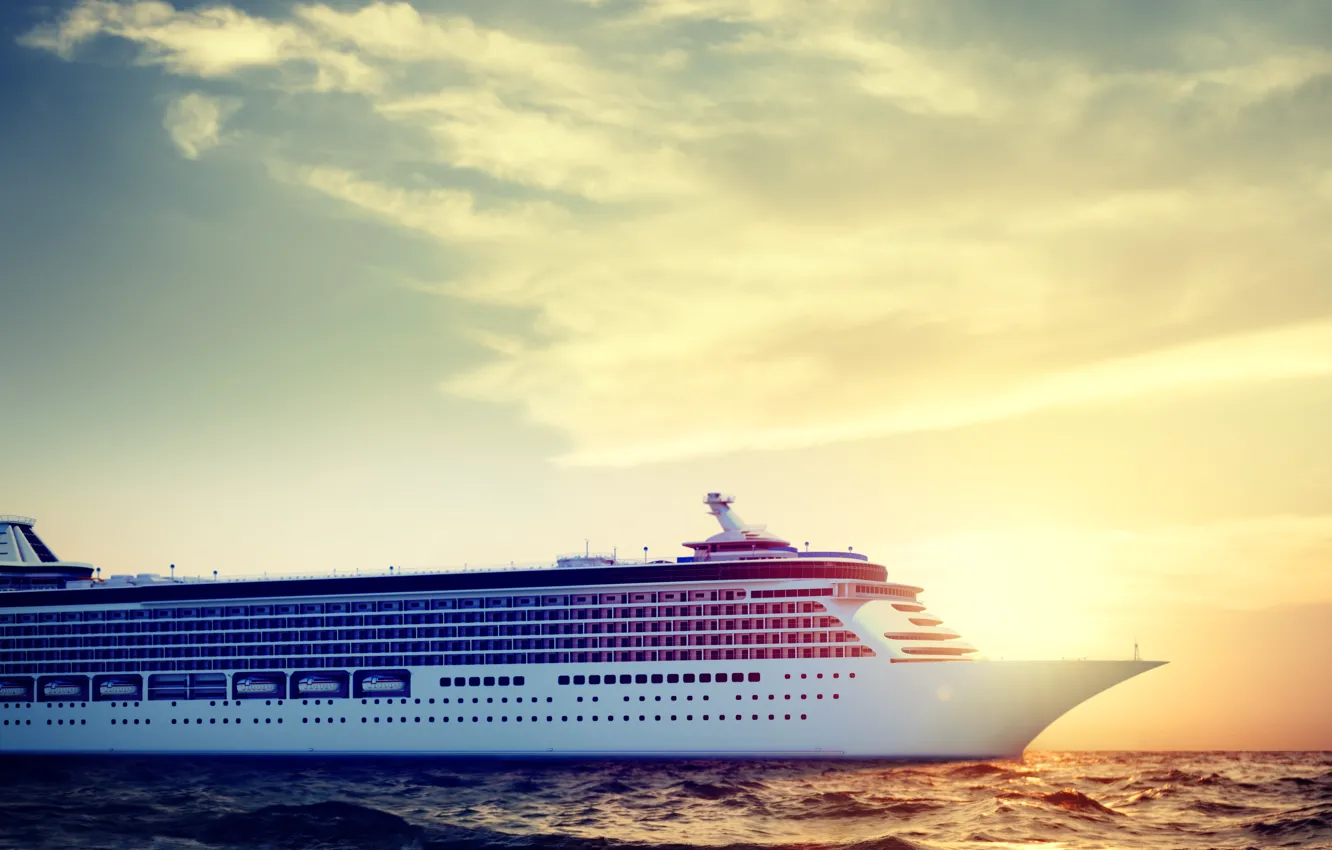 Photo wallpaper Sunset, The sun, The ocean, Sea, Liner, Board, The ship, Rendering