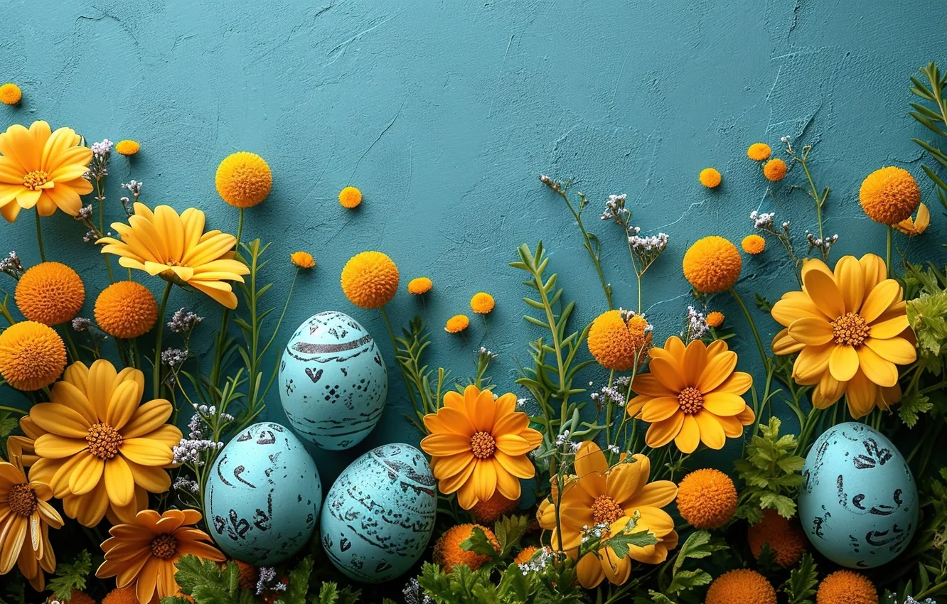 Photo wallpaper BACKGROUND, FLOWERS, EASTER, EGGS