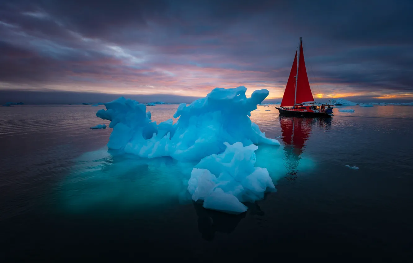 Photo wallpaper ice, landscape, sunset, reflection, the ocean, boat, sailboat, sail