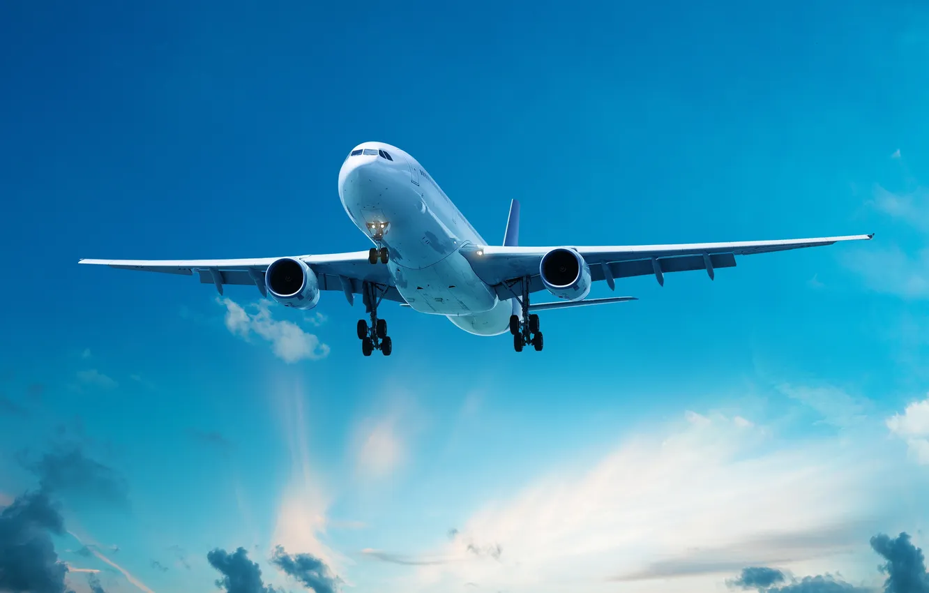 Photo wallpaper sky, flight, background, airport, fly, air, plane, commercial