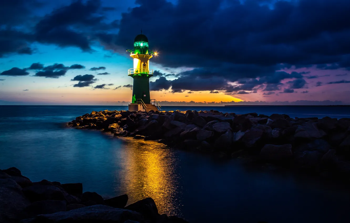 Photo wallpaper coast, lighthouse, the evening, Germany, Rostock