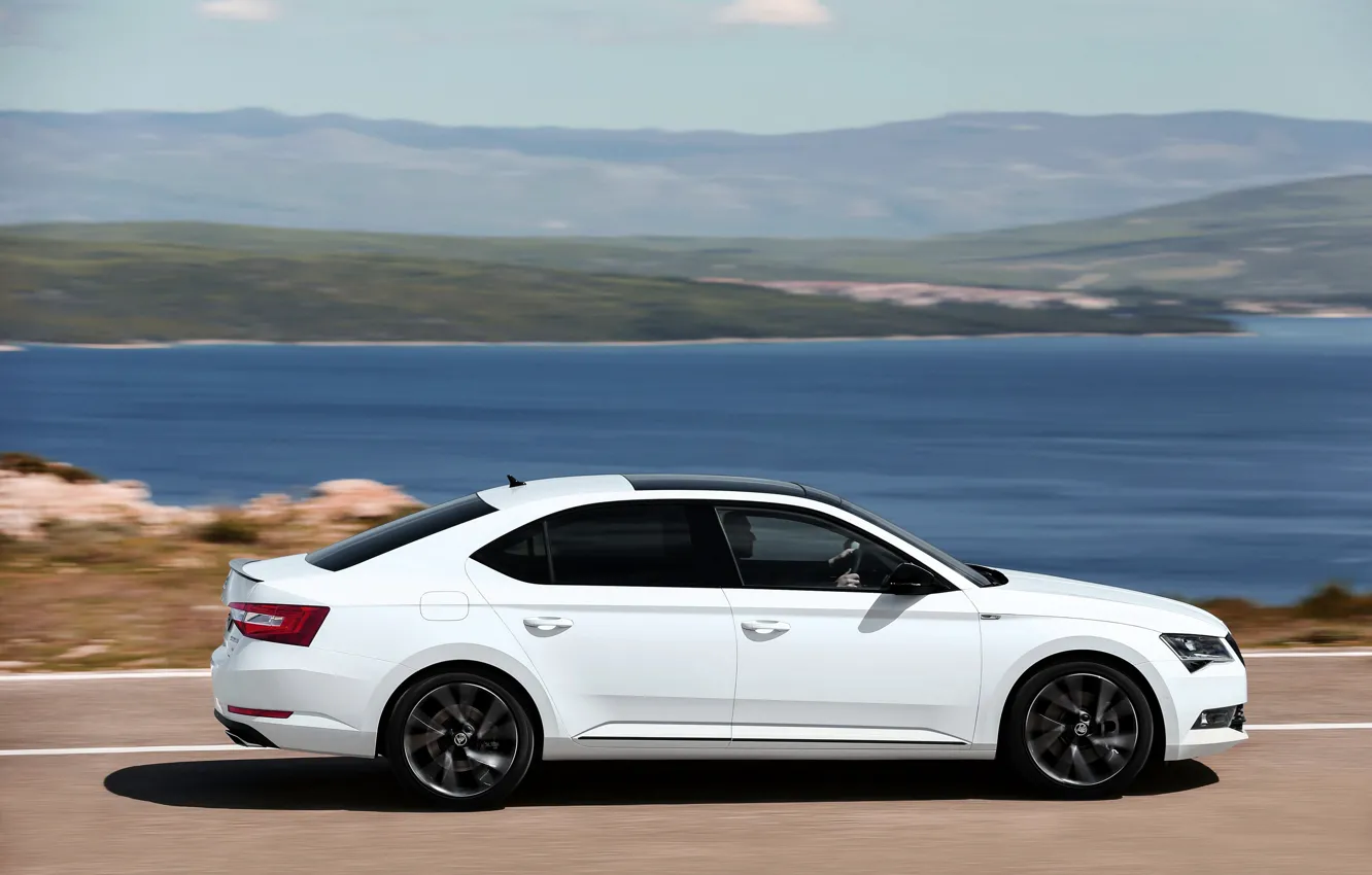 Photo wallpaper white, coast, sedan, Skoda, Skoda, 2016, Superb, Sportline