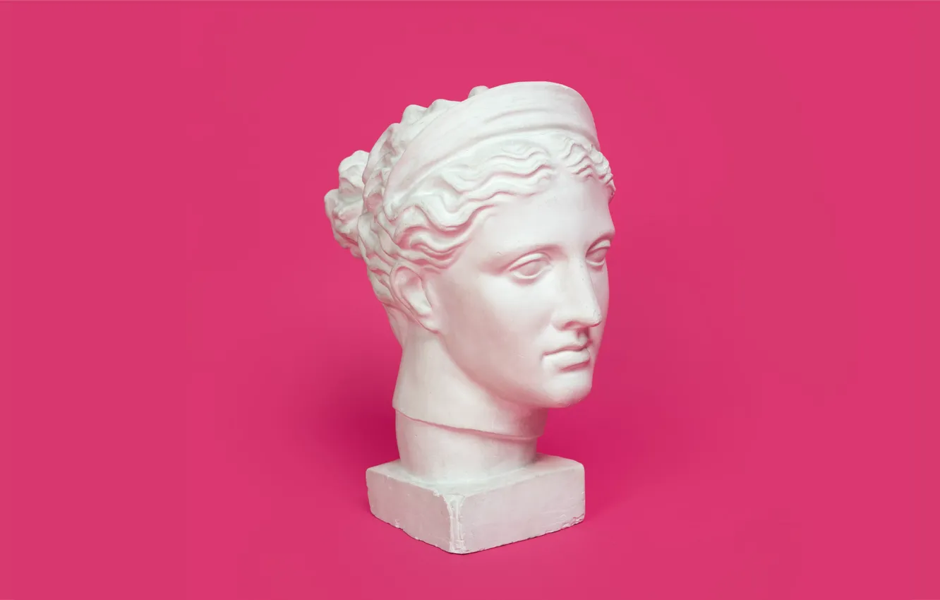Photo wallpaper head, sculpture, pink background, gypsum, cast, plaster head, head of Diana