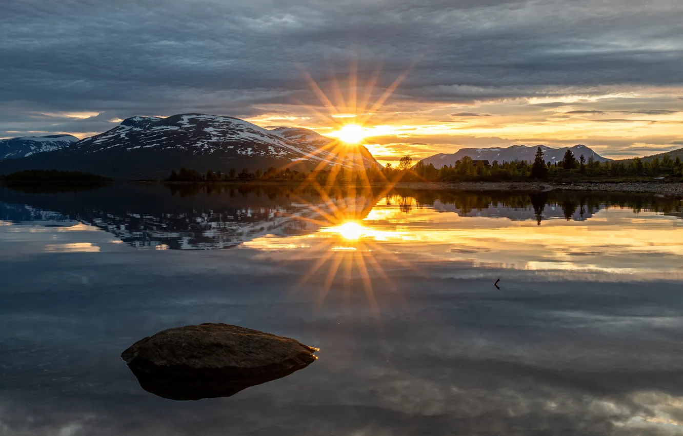 Photo wallpaper forest, the sun, clouds, rays, light, sunset, mountains, lake