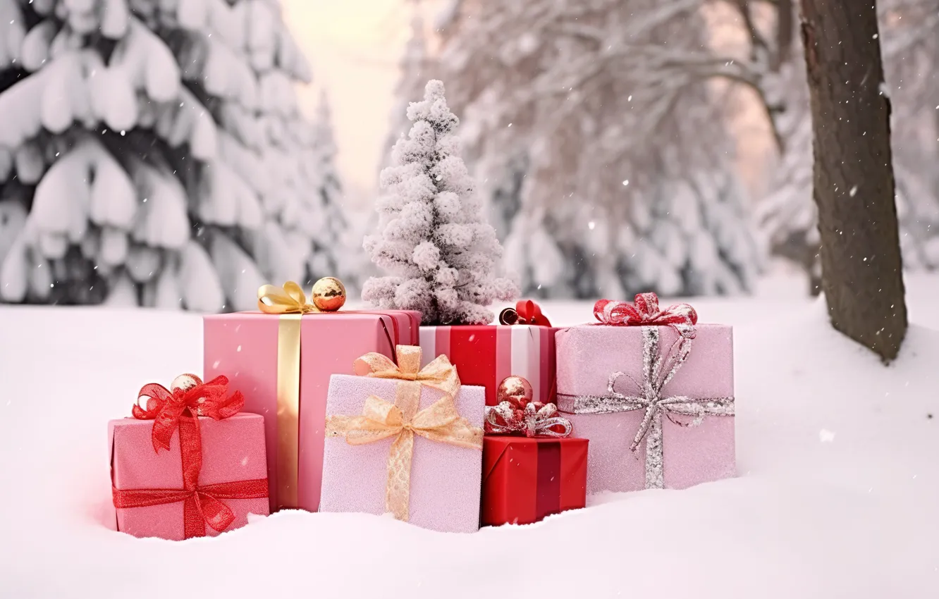 Photo wallpaper winter, snow, decoration, gift, balls, tree, new year, Christmas