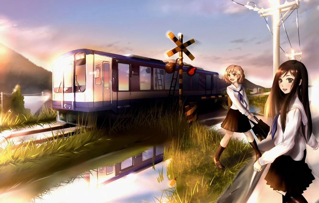 Photo wallpaper water, girl, metro, rails, cars, puddle, art, schoolgirl