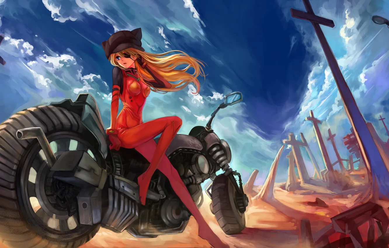 Photo wallpaper girl, pose, desert, motorcycle, sitting, Neon Genesis Evangelion, soryu asuka langley, art